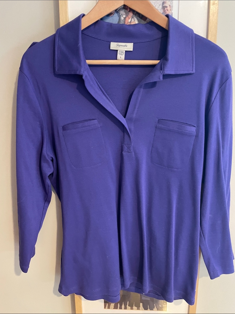 Faconnable Violet 3/4 Sleeve Polo Top with Chest Pockets